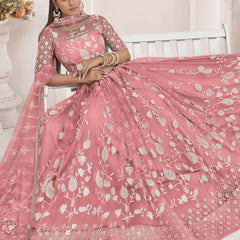 Peach Butterfly Net Embroidered Thread Wedding Lehenga