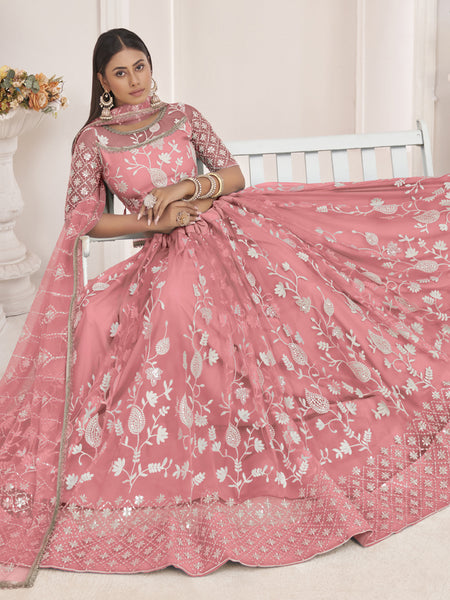 Peach Butterfly Net Embroidered Thread Wedding Lehenga