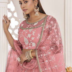 Peach Butterfly Net Embroidered Thread Wedding Lehenga