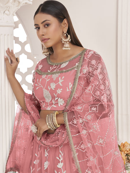Peach Butterfly Net Embroidered Thread Wedding Lehenga