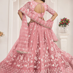 Peach Butterfly Net Embroidered Thread Wedding Lehenga