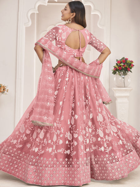 Peach Butterfly Net Embroidered Thread Wedding Lehenga