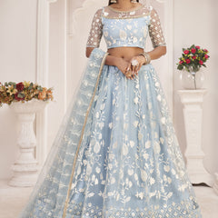 Light Sky Butterfly Net Embroidered Thread Wedding Lehenga