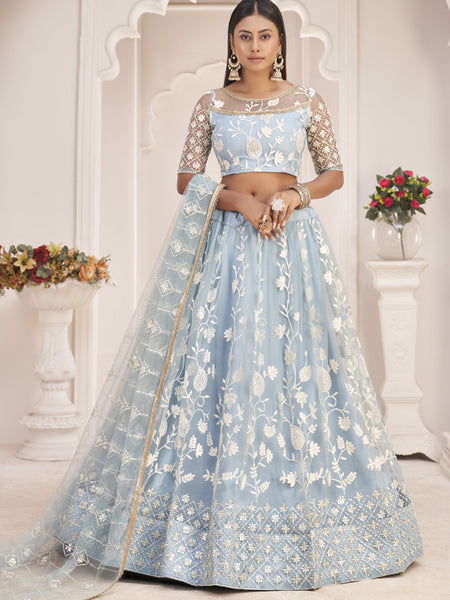 Light Sky Butterfly Net Embroidered Thread Wedding Lehenga