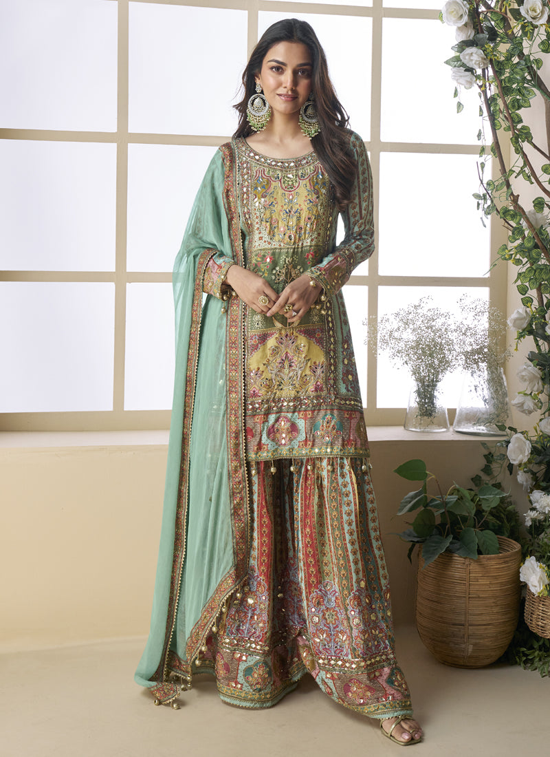 Sea Green Crepe Silk Digital With Aari Work Palazzo Suit
