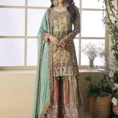 Sea Green Crepe Silk Digital With Aari Work Palazzo Suit