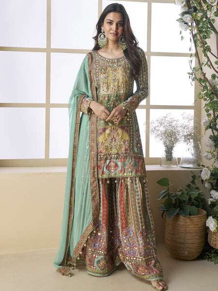 Sea Green Crepe Silk Digital With Aari Work Palazzo Suit