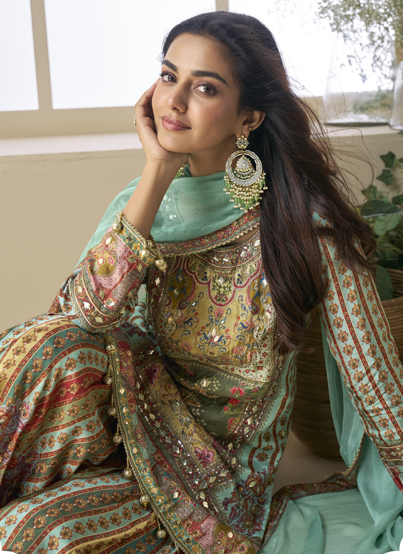 Sea Green Crepe Silk Digital With Aari Work Palazzo Suit
