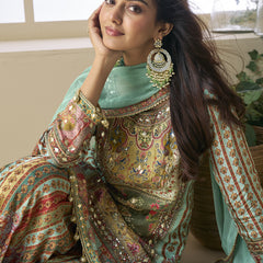 Sea Green Crepe Silk Digital With Aari Work Palazzo Suit