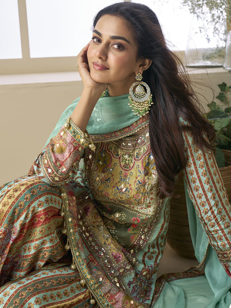 Sea Green Crepe Silk Digital With Aari Work Palazzo Suit