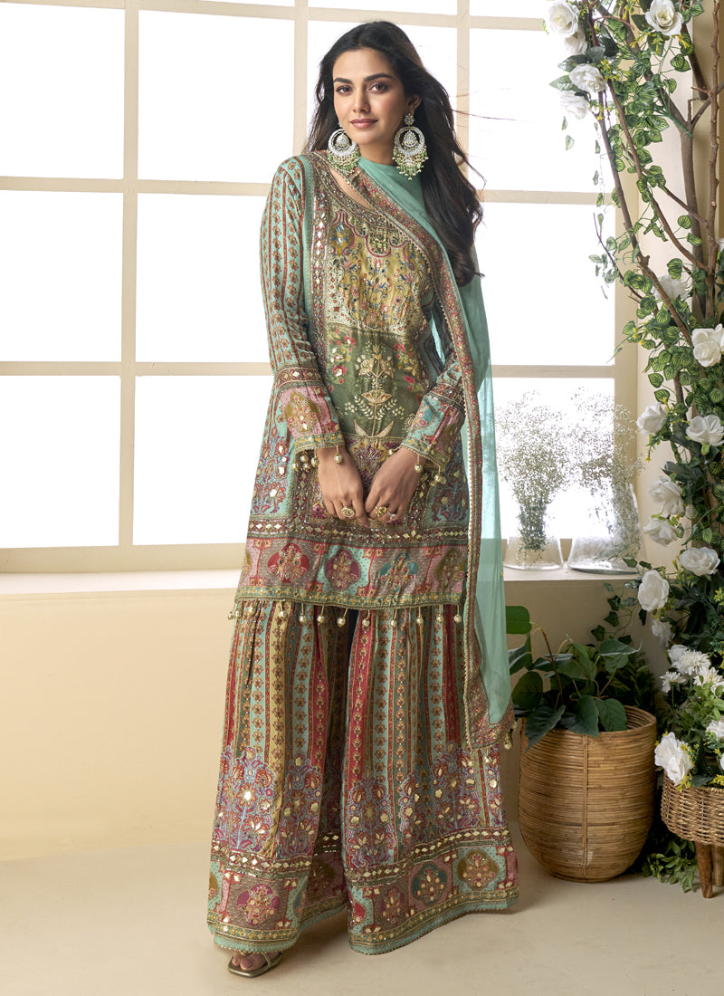 Sea Green Crepe Silk Digital With Aari Work Palazzo Suit