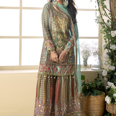 Sea Green Crepe Silk Digital With Aari Work Palazzo Suit