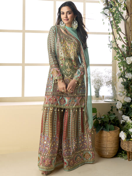 Sea Green Crepe Silk Digital With Aari Work Palazzo Suit