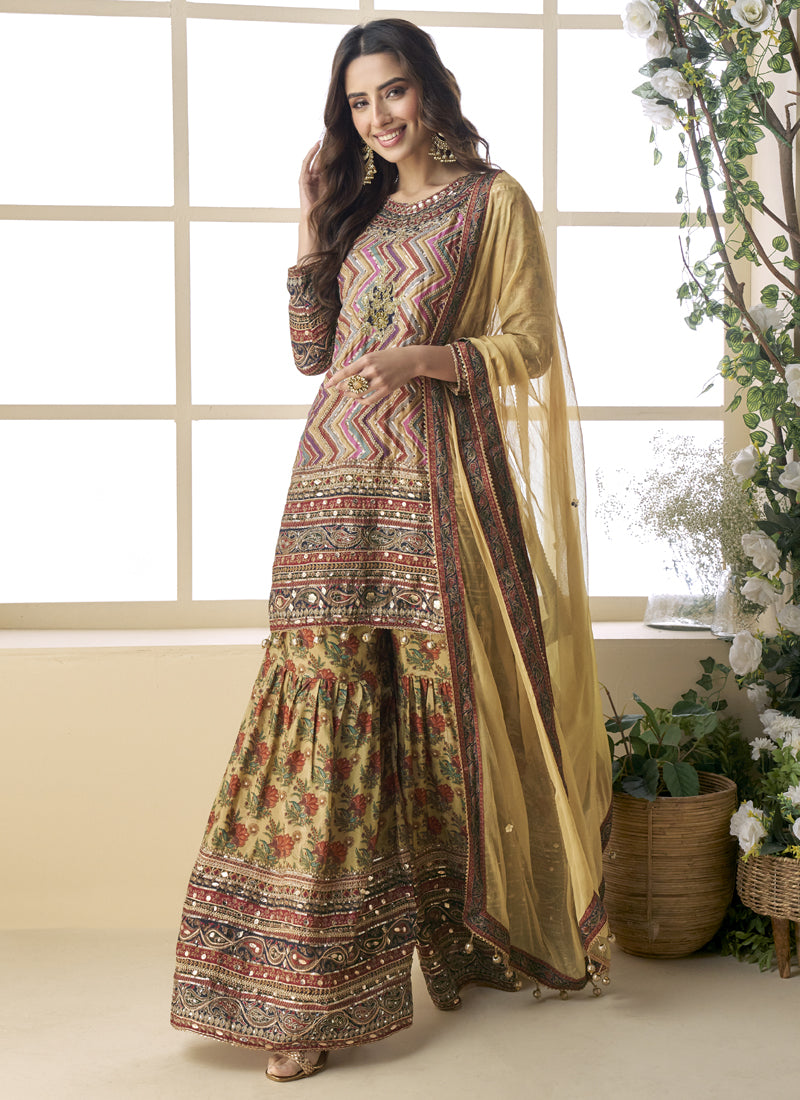 Beige Crepe Silk Digital With Aari Work Palazzo Suit