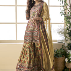 Beige Crepe Silk Digital With Aari Work Palazzo Suit