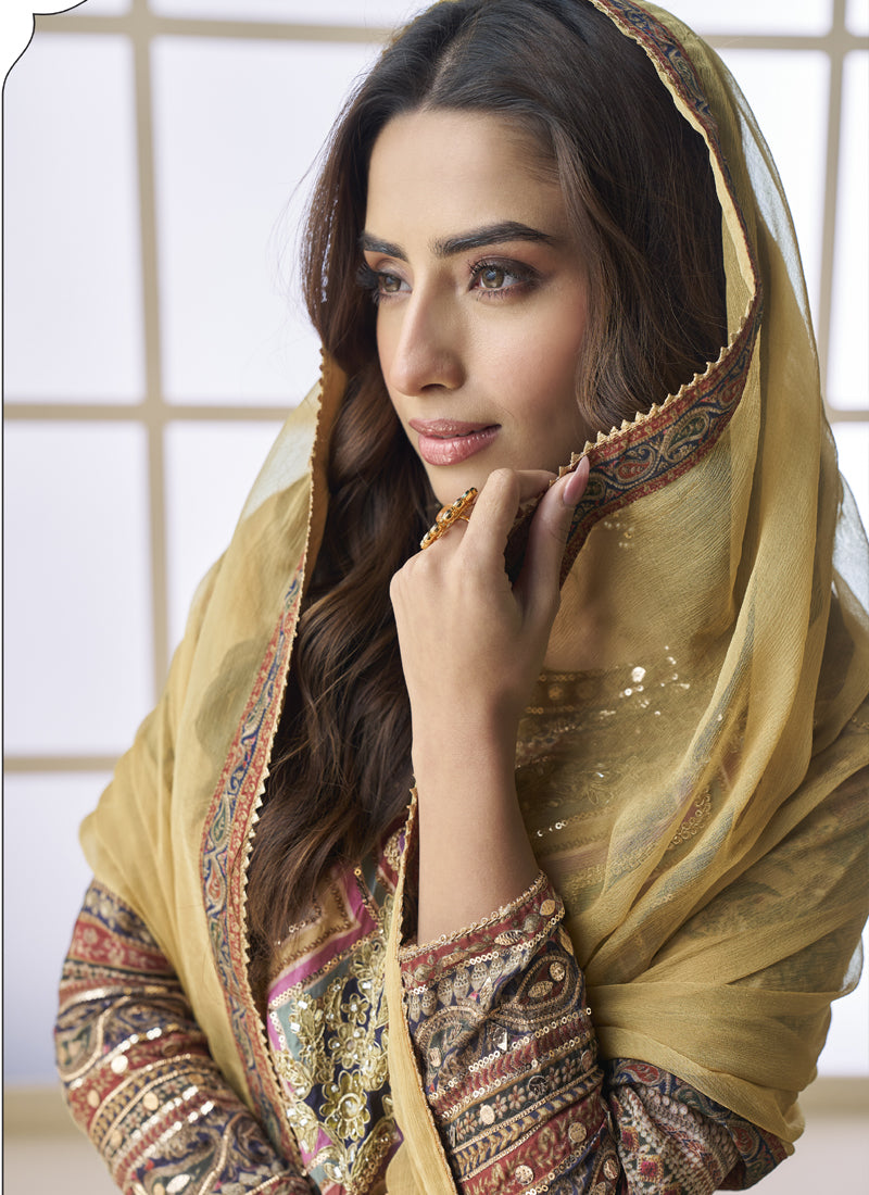 Beige Crepe Silk Digital With Aari Work Palazzo Suit