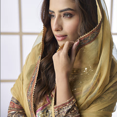 Beige Crepe Silk Digital With Aari Work Palazzo Suit