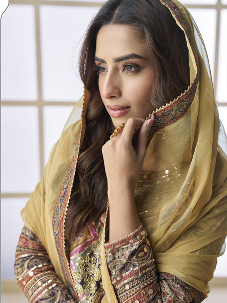 Beige Crepe Silk Digital With Aari Work Palazzo Suit