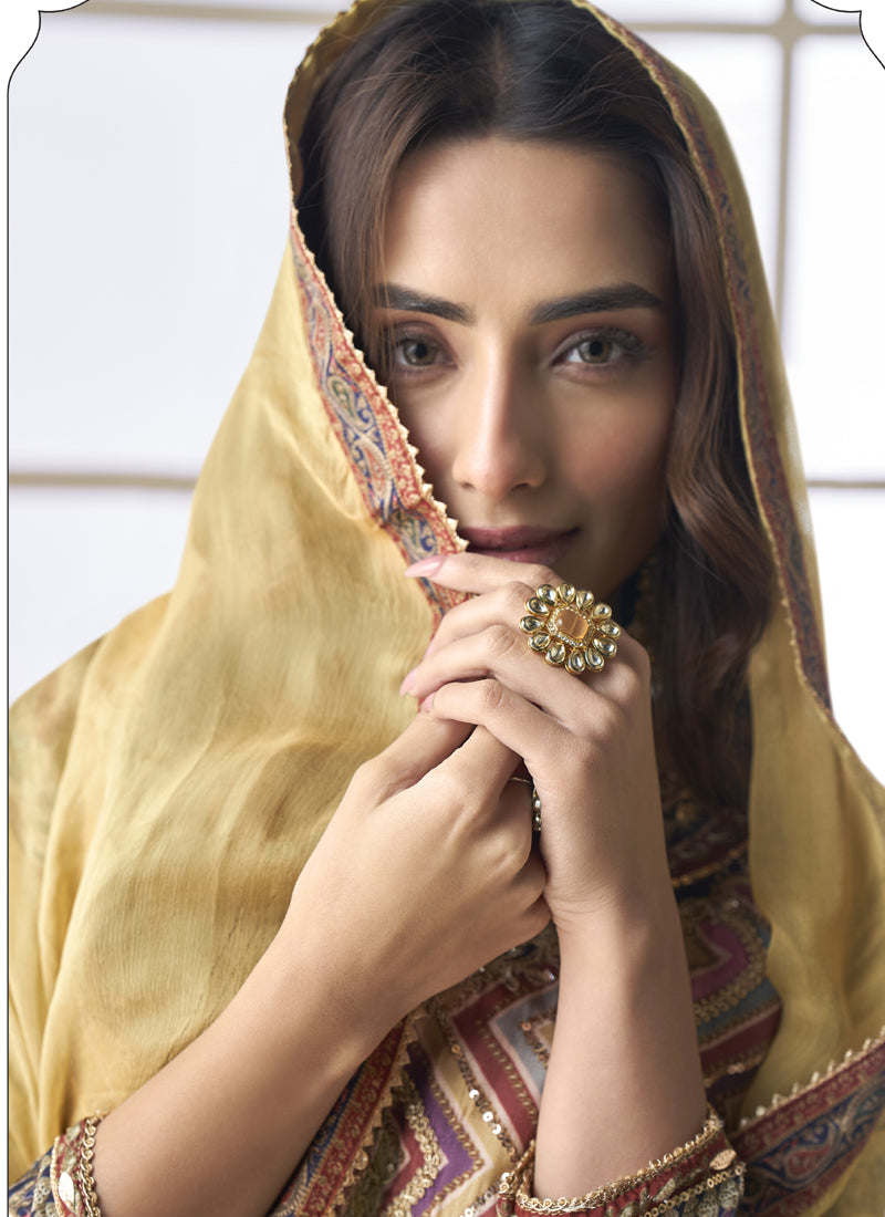 Beige Crepe Silk Digital With Aari Work Palazzo Suit