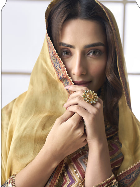 Beige Crepe Silk Digital With Aari Work Palazzo Suit