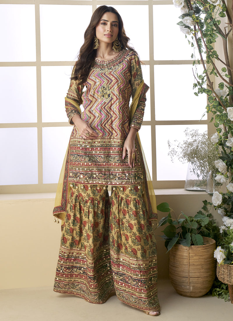 Beige Crepe Silk Digital With Aari Work Palazzo Suit