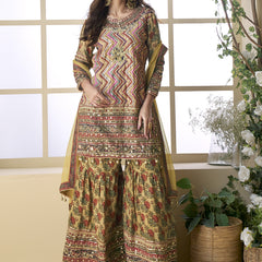 Beige Crepe Silk Digital With Aari Work Palazzo Suit