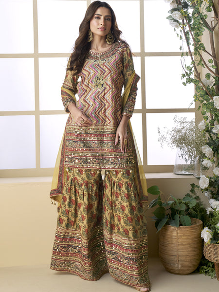 Beige Crepe Silk Digital With Aari Work Palazzo Suit