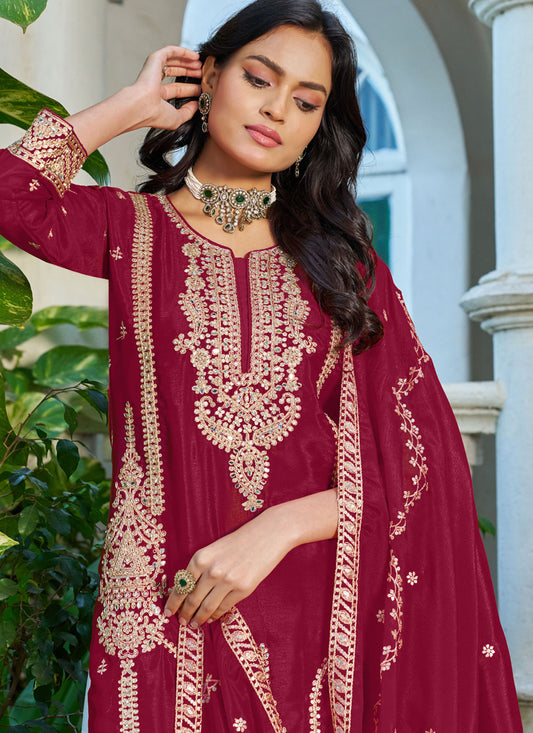 Red Embroidered Chinon Silk Palazzo Siut