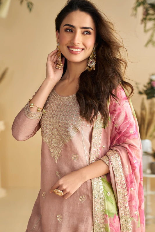 Pink Chinon Embroidered with Printed Palazzo Suit