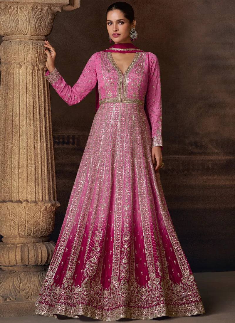 Pink Chinon Embroidered Anarkali Gown