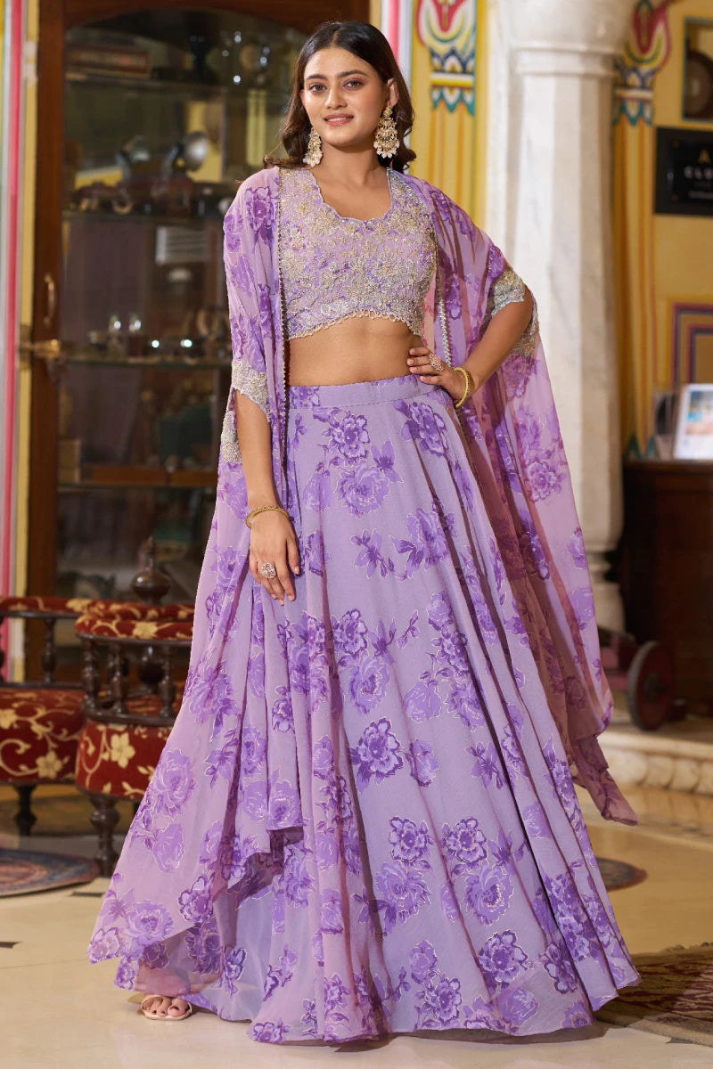 Purple Floral Georgette Embroidered Legenga Choli with Cape