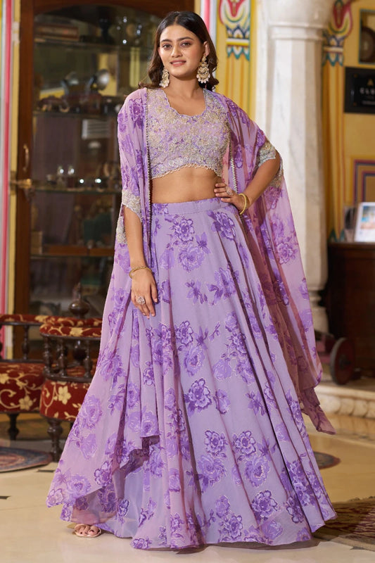 Purple Floral Georgette Embroidered Legenga Choli with Cape