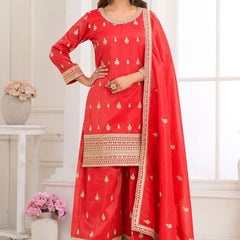 Red Embroidery Real Simar Silk Salwar suit