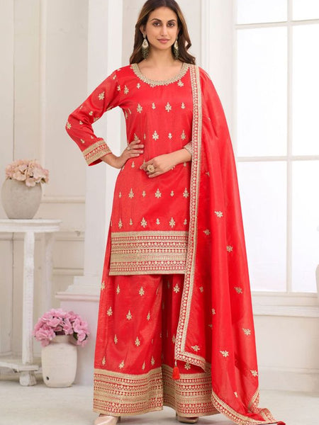 Red Embroidery Real Simar Silk Salwar suit
