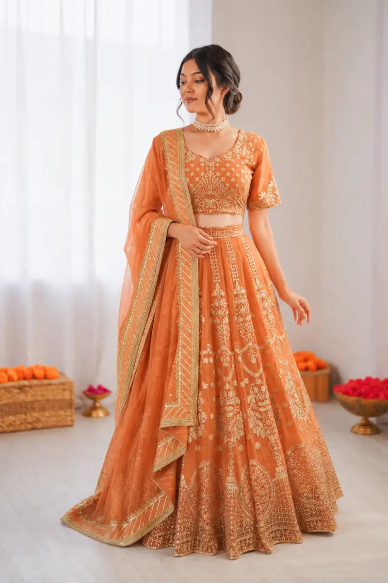 Orange Georgette Embroidered Lehenga Choli Set