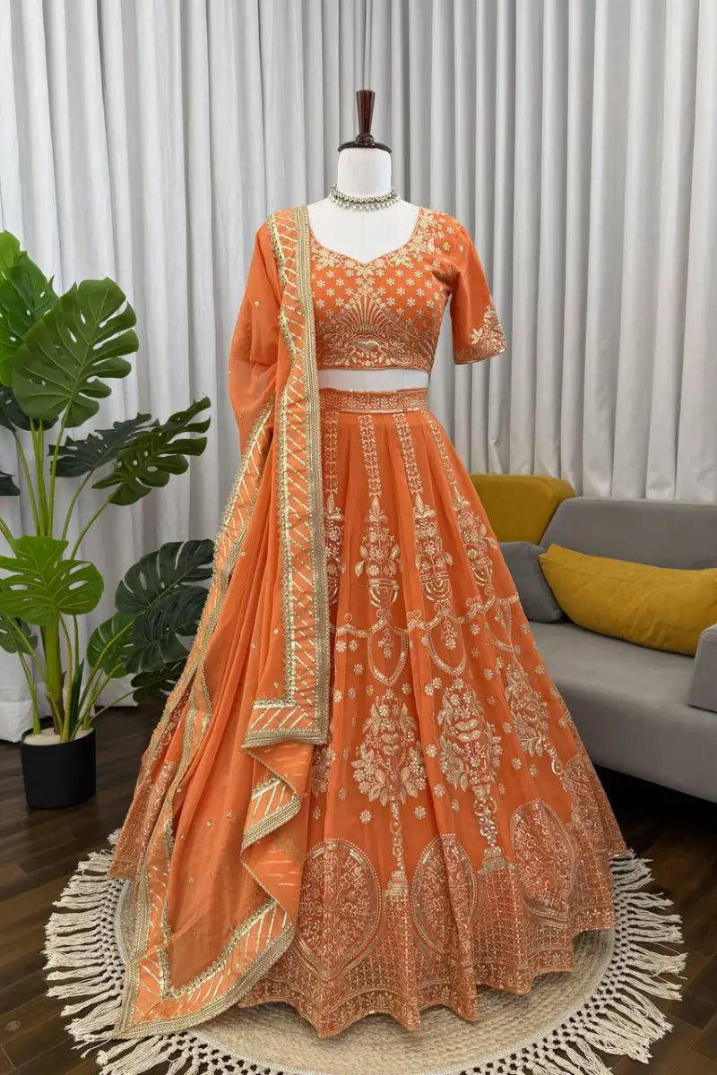 Orange Georgette Embroidered Lehenga Choli Set