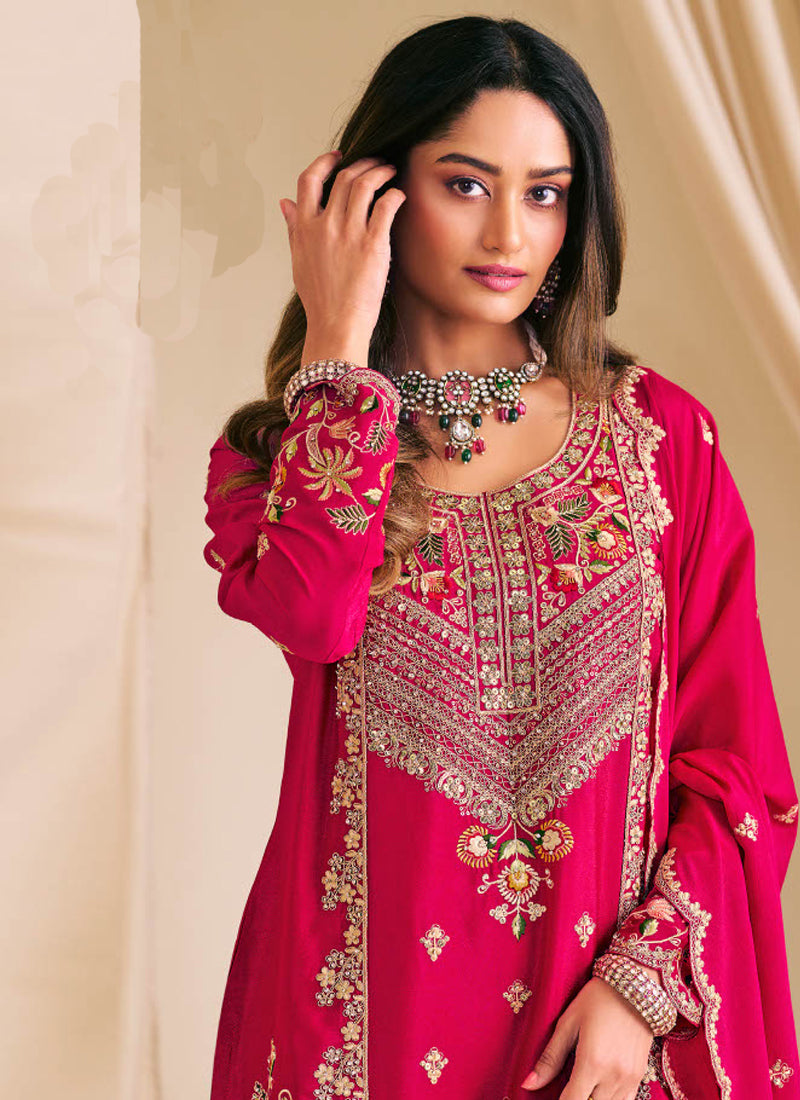 Pink Chinon Silk Embroidered & Diamond Work Palazzo Suit