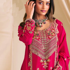Pink Chinon Silk Embroidered & Diamond Work Palazzo Suit