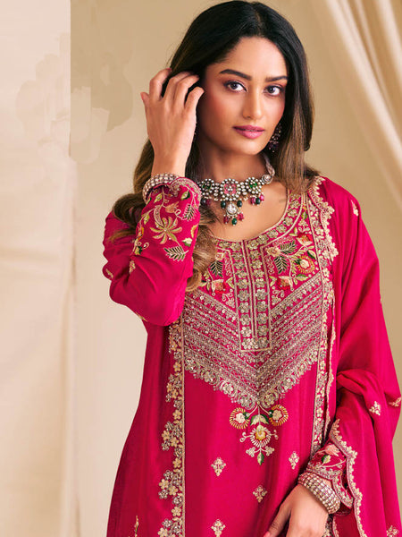 Pink Chinon Silk Embroidered & Diamond Work Palazzo Suit