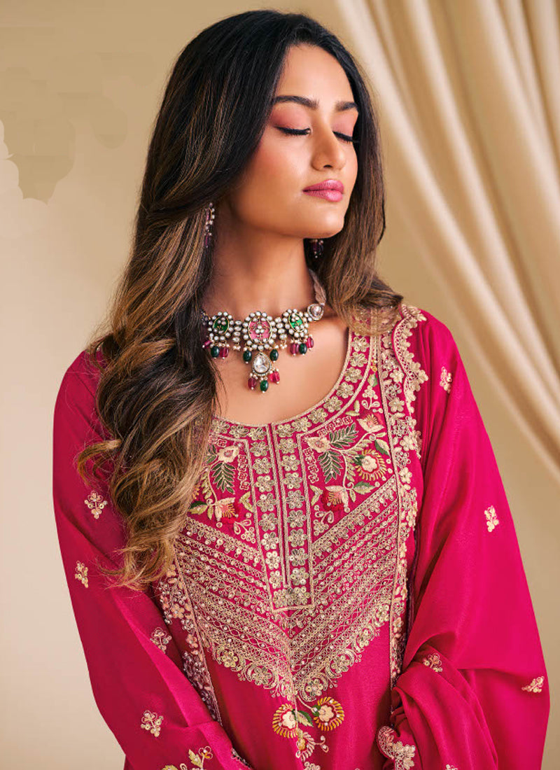 Pink Chinon Silk Embroidered & Diamond Work Palazzo Suit