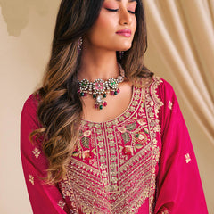Pink Chinon Silk Embroidered & Diamond Work Palazzo Suit
