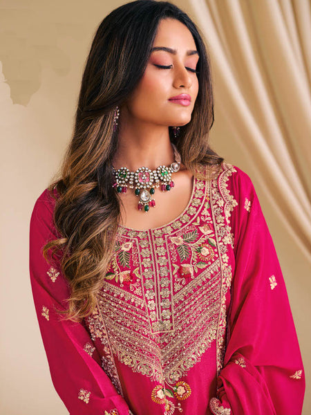 Pink Chinon Silk Embroidered & Diamond Work Palazzo Suit