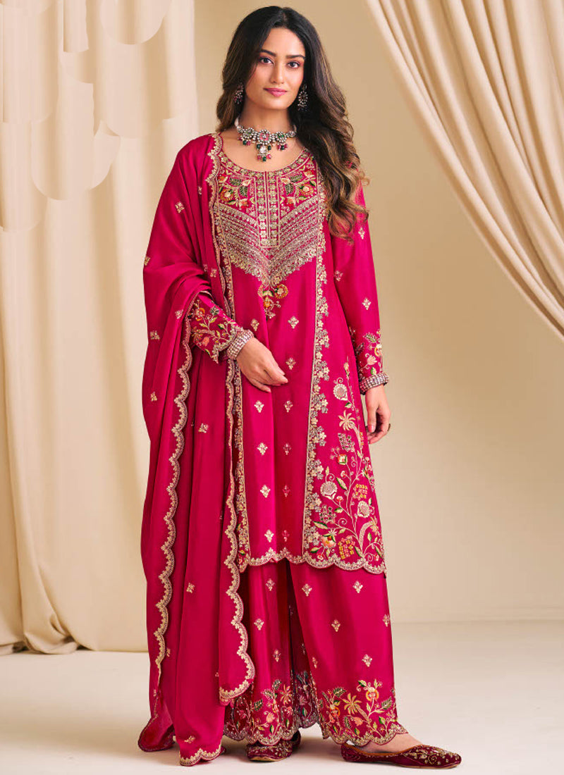 Pink Chinon Silk Embroidered & Diamond Work Palazzo Suit