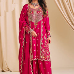 Pink Chinon Silk Embroidered & Diamond Work Palazzo Suit