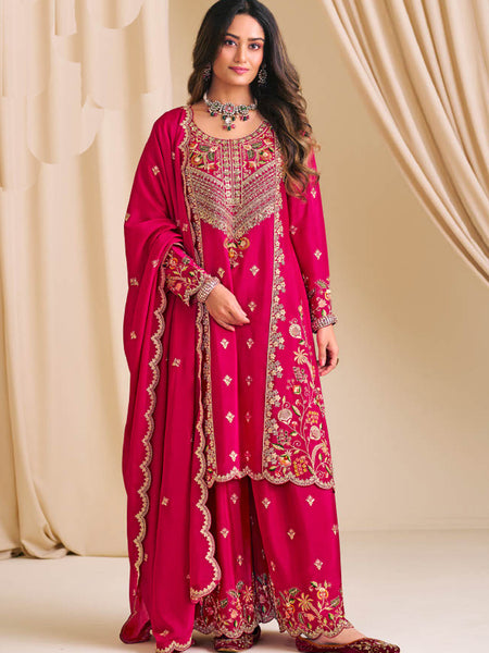 Pink Chinon Silk Embroidered & Diamond Work Palazzo Suit