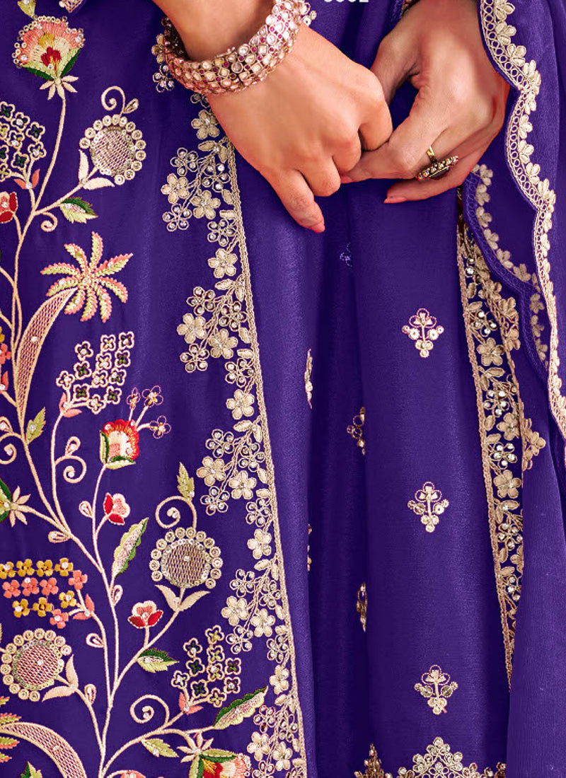 Violet Chinon Silk Embroidered & Diamond Work Palazzo Suit