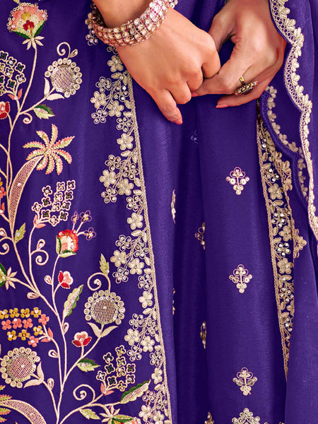 Violet Chinon Silk Embroidered & Diamond Work Palazzo Suit