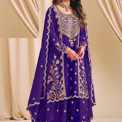Violet Chinon Silk Embroidered & Diamond Work Palazzo Suit
