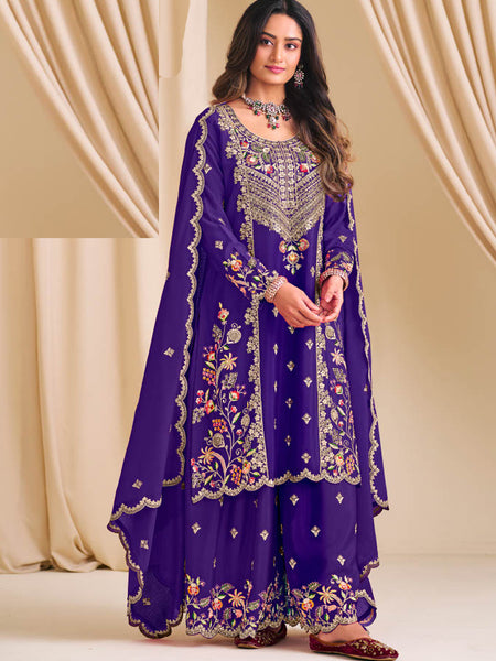 Violet Chinon Silk Embroidered & Diamond Work Palazzo Suit
