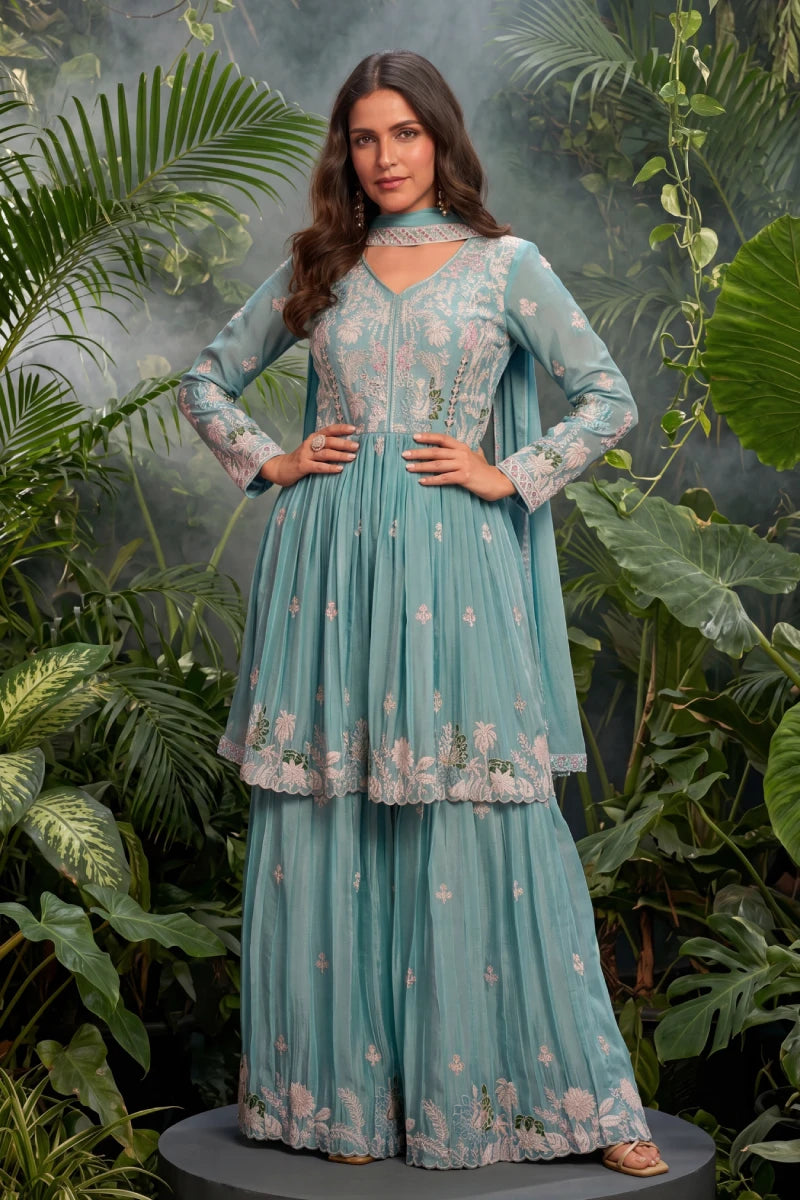 Sea Blue Chinon Embroidered Sharara with Tunic
